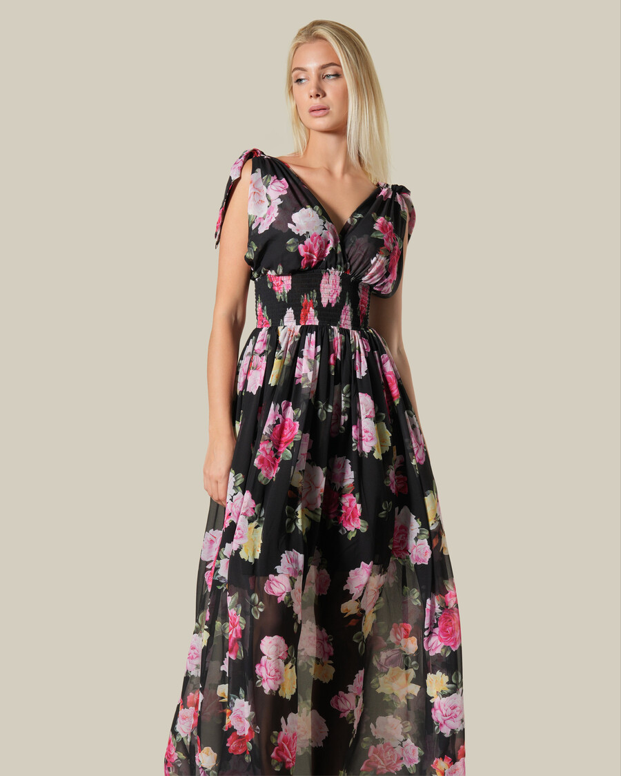 vestido largo con efecto floral transparente